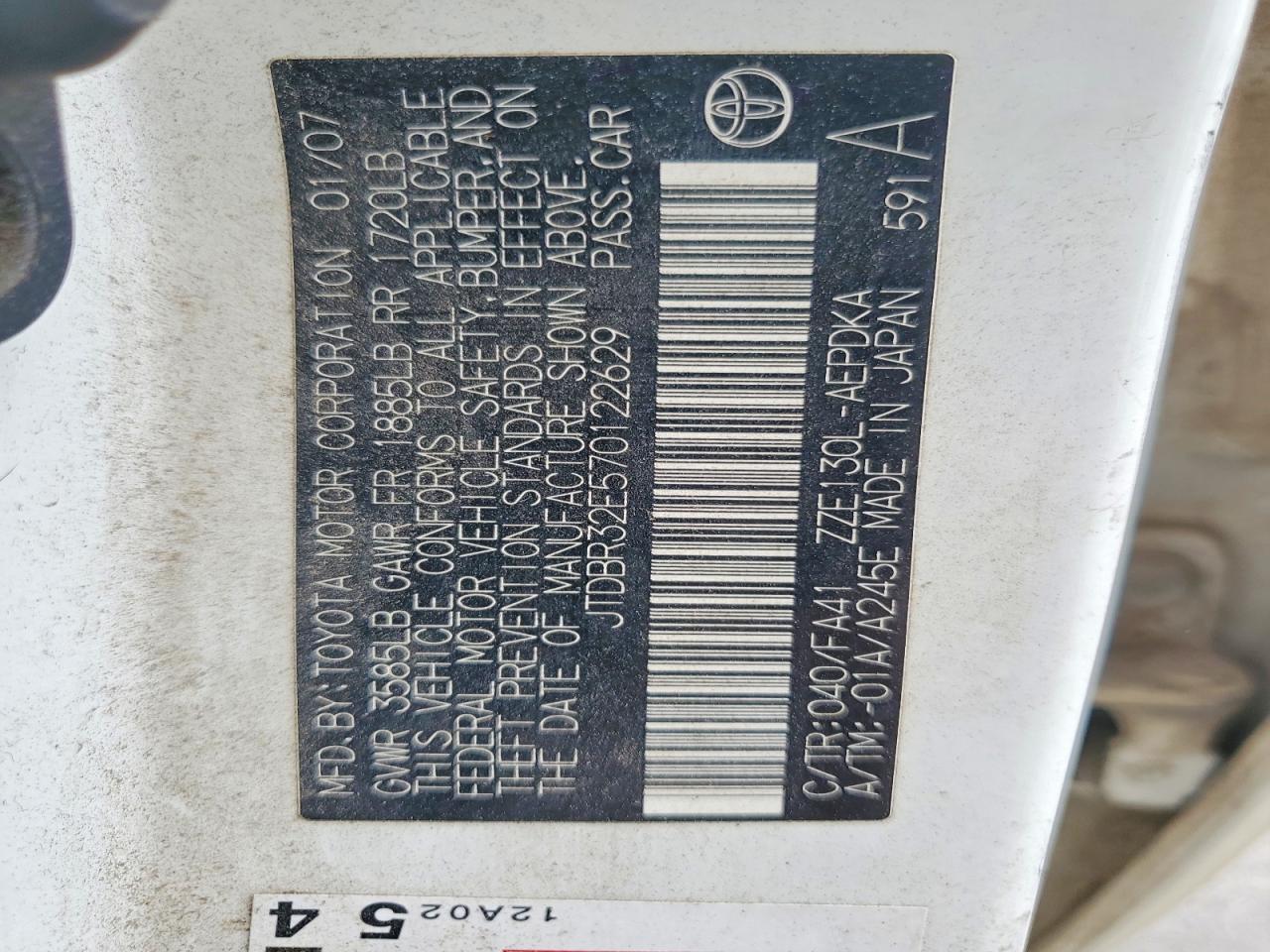 JTDBR32E570122629 · 2007 TOYOTA COROLLA · 12/12