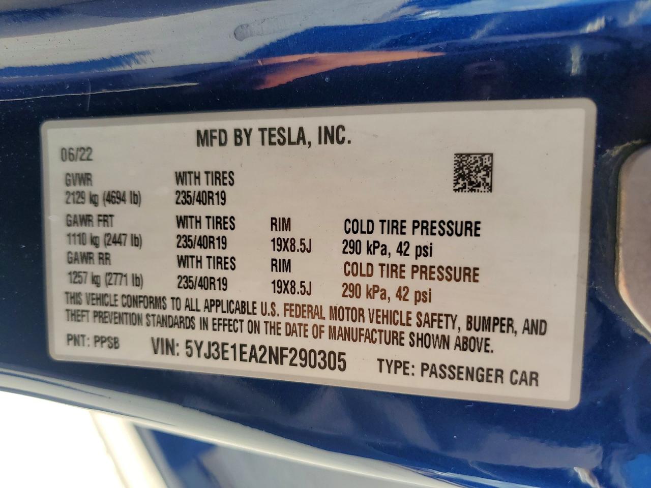 5YJ3E1EA2NF290305 · 2022 TESLA MODEL 3 · 12/12