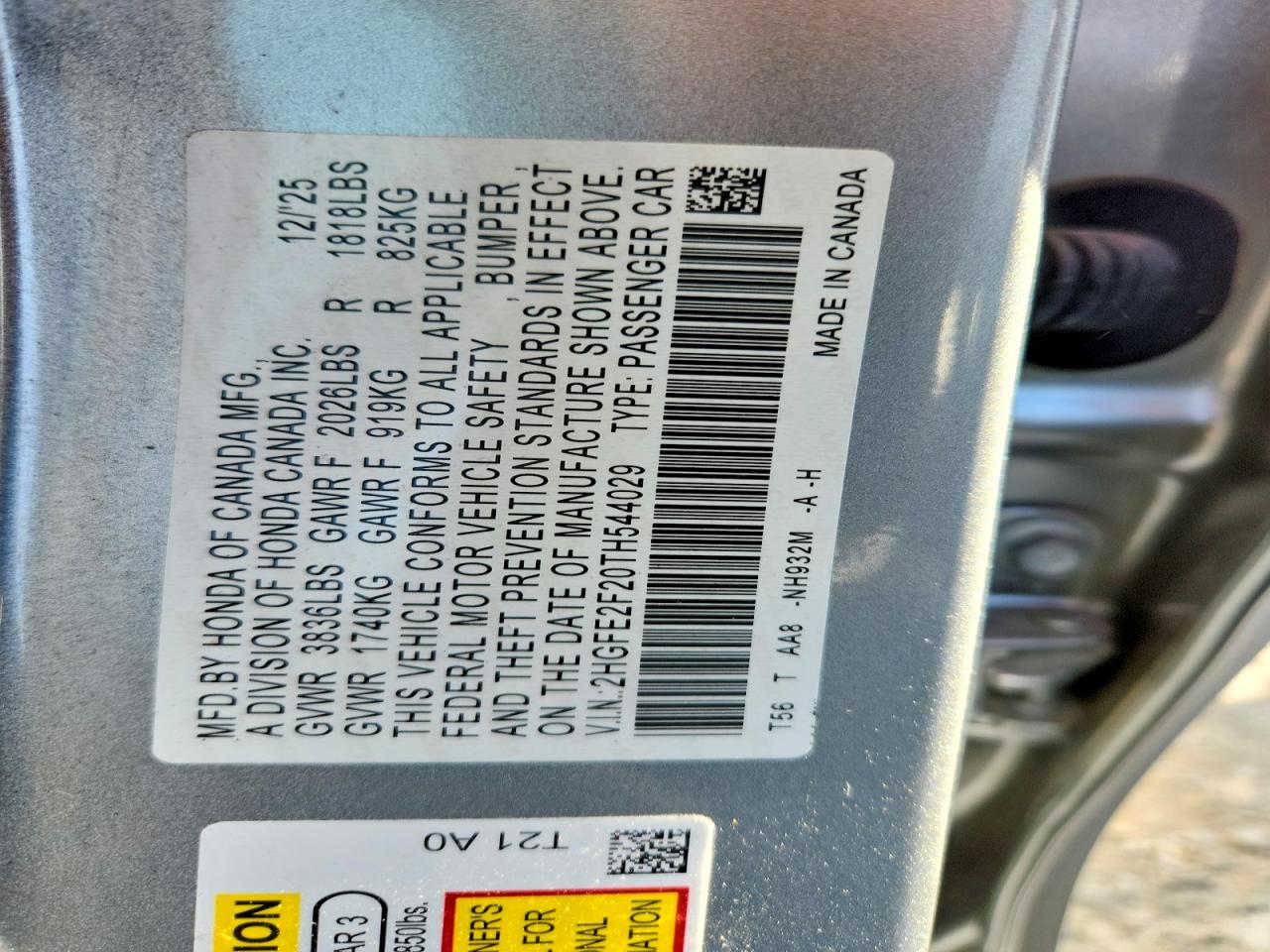 2HGFE2F20TH544029 · 2026 HONDA CIVIC · 12/12