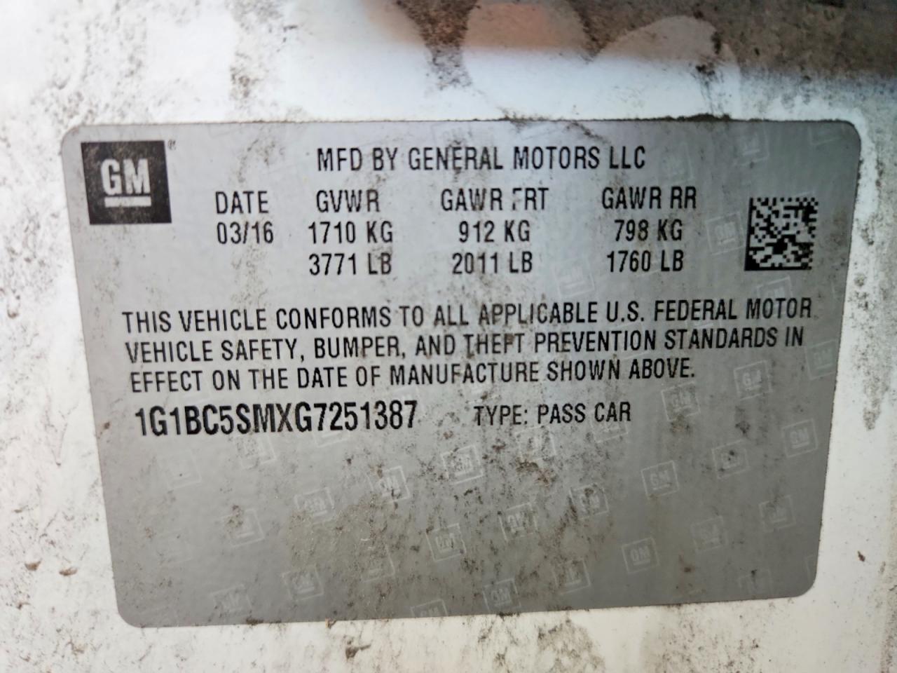 1G1BC5SMXG7251387 · 2016 CHEVROLET CRUZE · 12/12