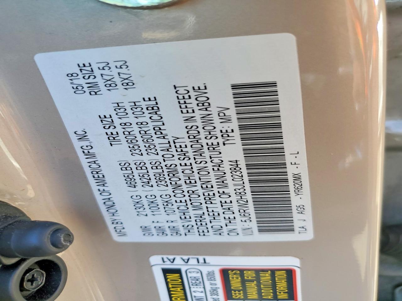 5J6RW2H83JL023844 · 2018 HONDA CR-V · 12/12