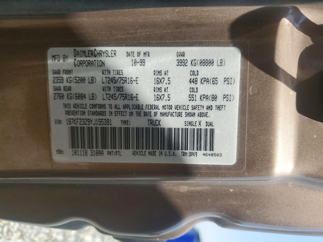 1B7KF23Z9YJ155391 · 2000 DODGE RAM 2500 · 12/12