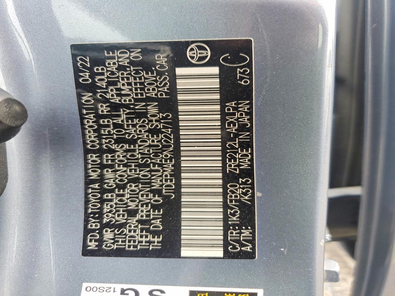 JTDEPMAE9NJ224713 · 2022 TOYOTA COROLLA · 12/12