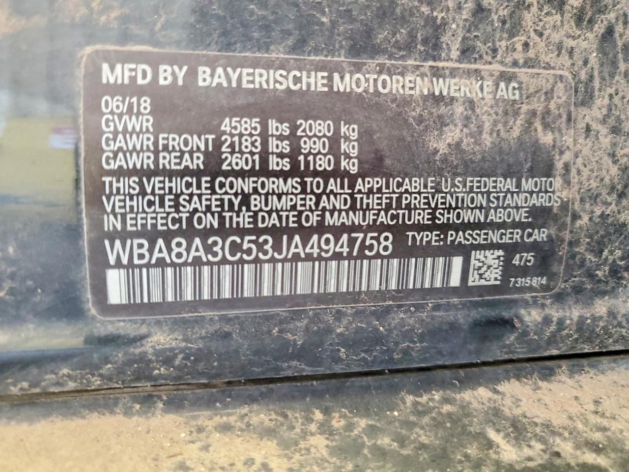 WBA8A3C53JA494758 · 2018 BMW 320 · 12/12