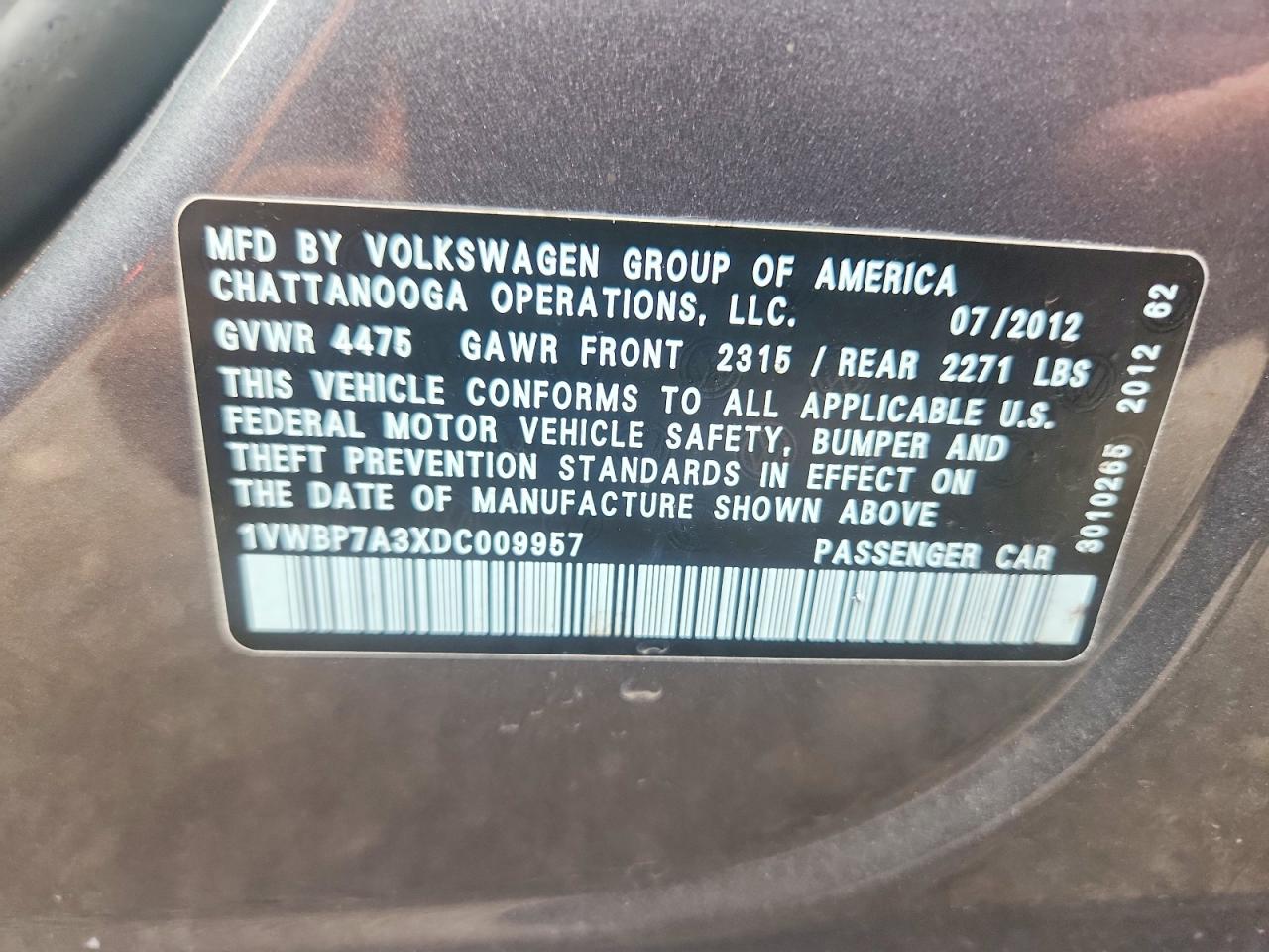 1VWBP7A3XDC009957 · 2013 VOLKSWAGEN PASSAT · 12/12