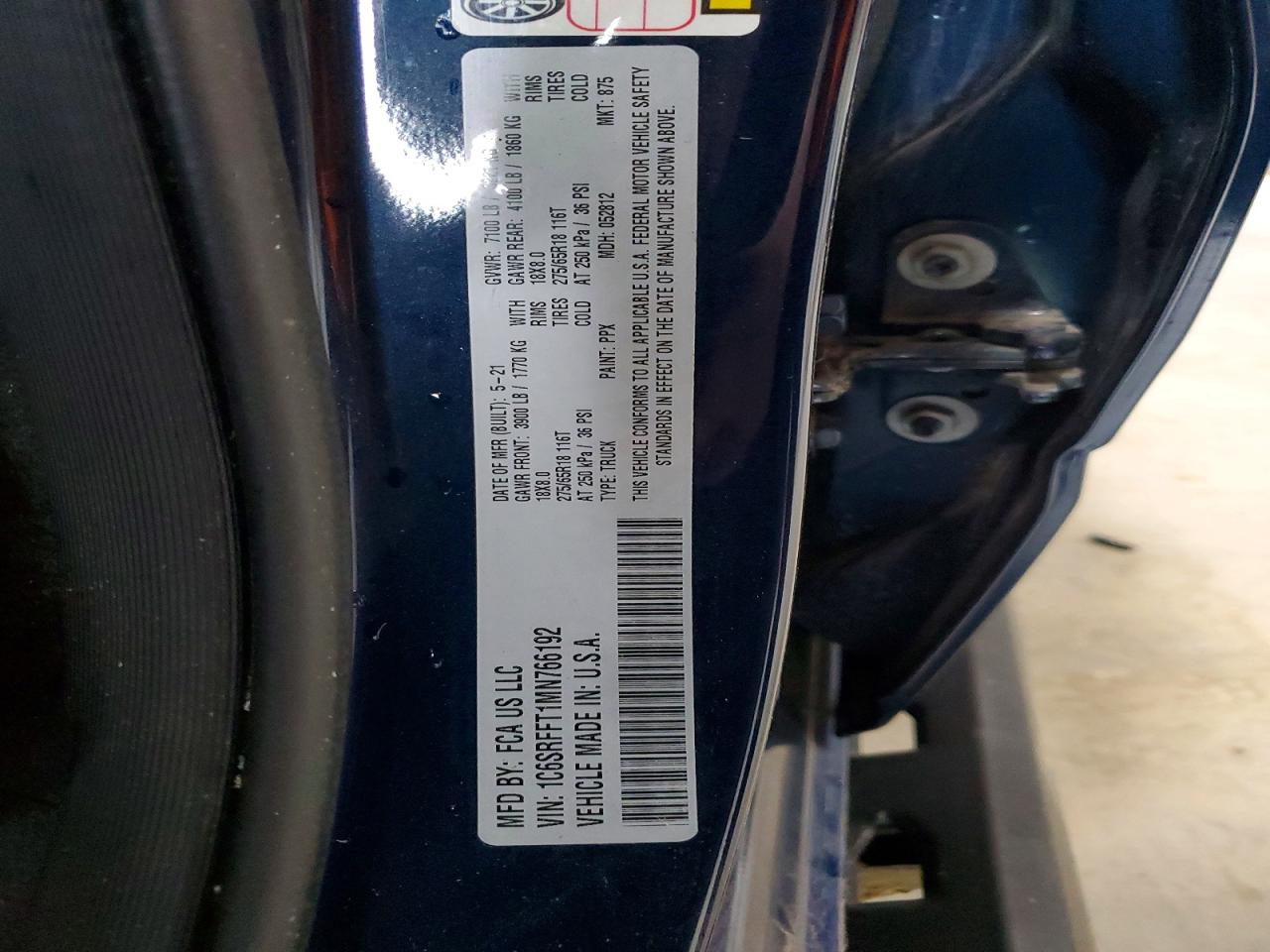 1C6SRFFT1MN766192 · 2021 RAM 1500 · 12/12