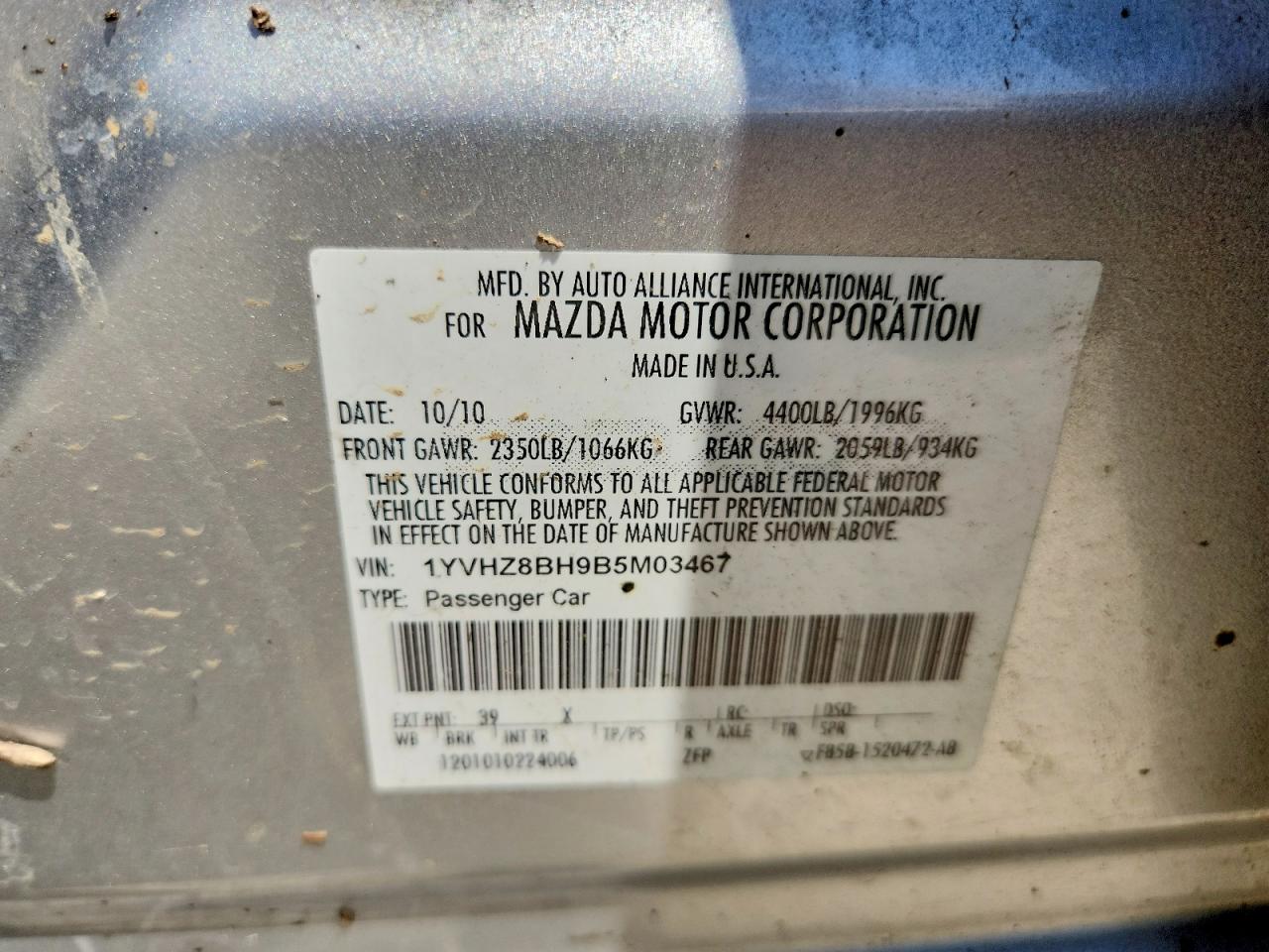 1YVHZ8BH9B5M03467 · 2011 MAZDA 6 · 12/12