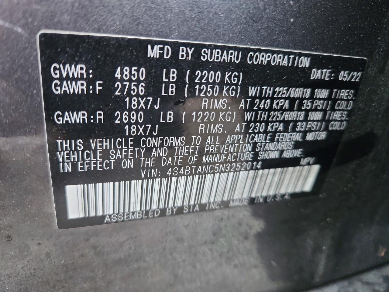 4S4BTANC5N3252014 · 2022 SUBARU OUTBACK · 12/12