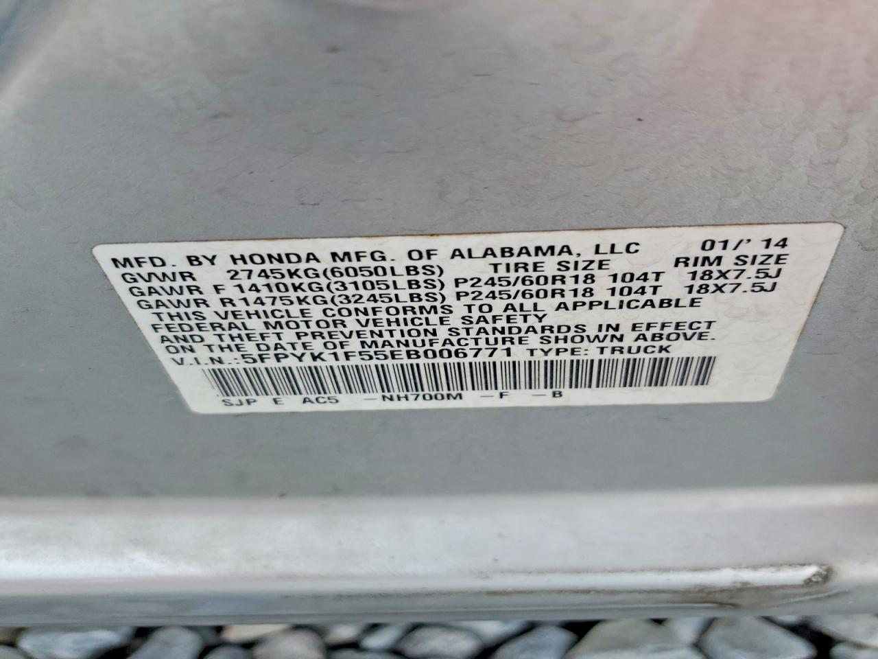 5FPYK1F55EB006771 · 2014 HONDA RIDGELINE · 12/12
