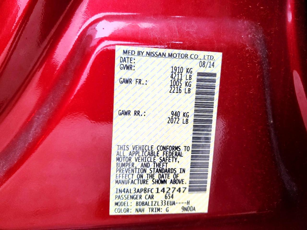 1N4AL3AP8FC142747 · 2015 NISSAN ALTIMA · 12/12