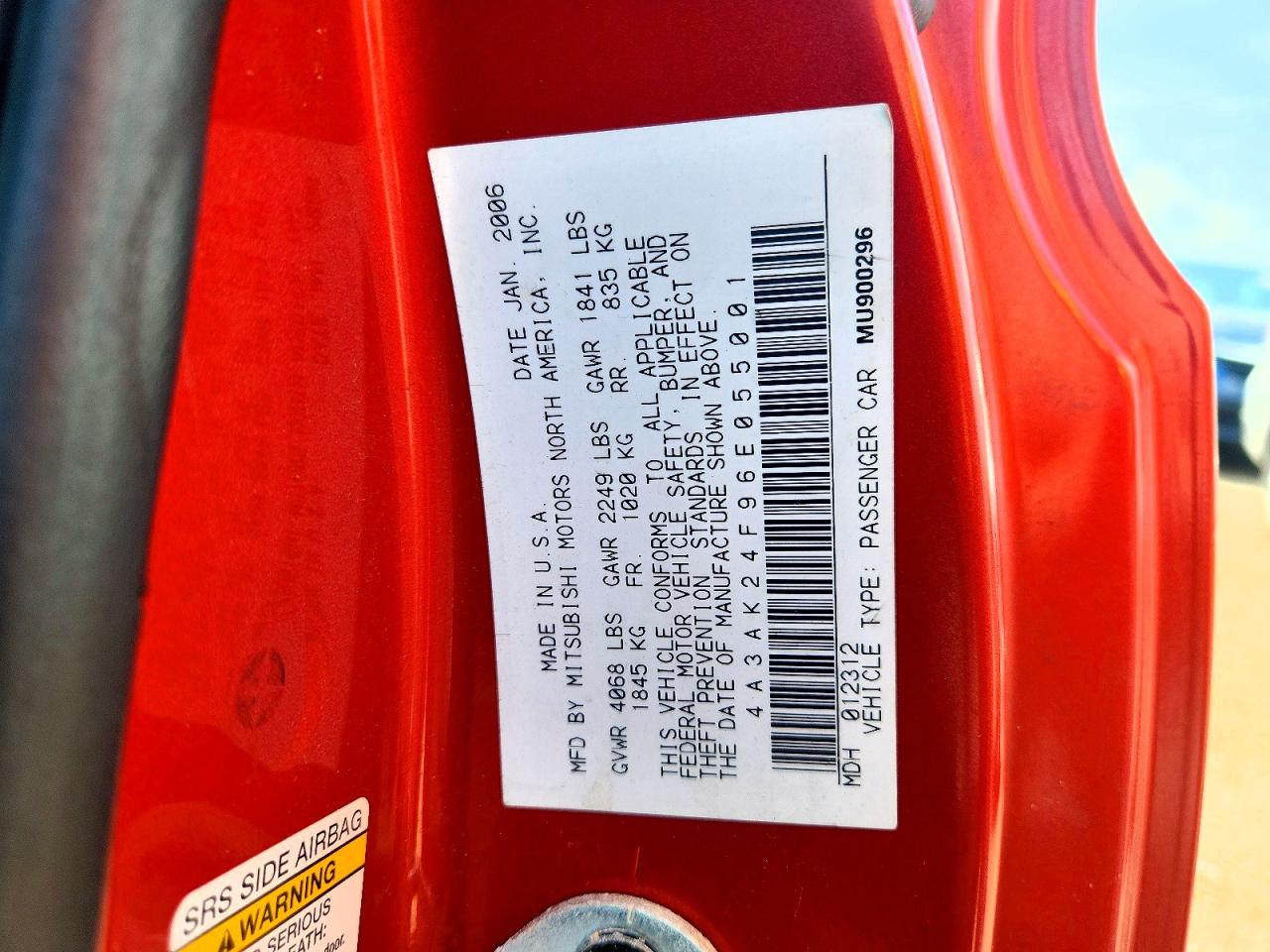 4A3AK24F96E055001 · 2006 MITSUBISHI ECLIPSE · 12/12