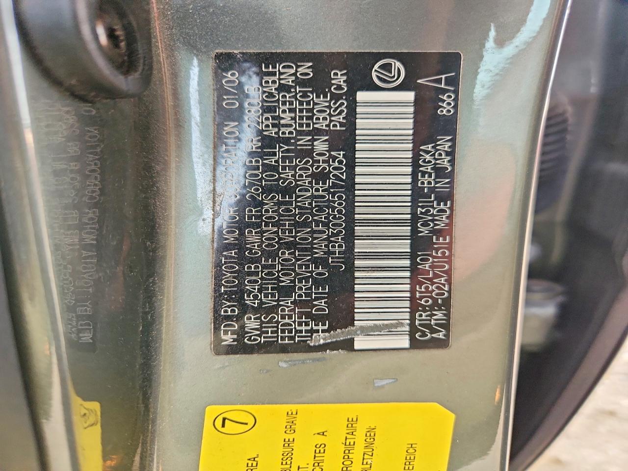 JTHBA30G565172054 · 2006 LEXUS ES · 12/12