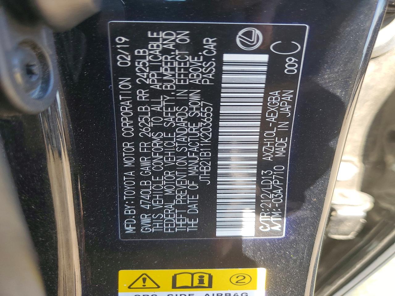 JTHB21B11K2036557 · 2019 LEXUS ES · 12/12