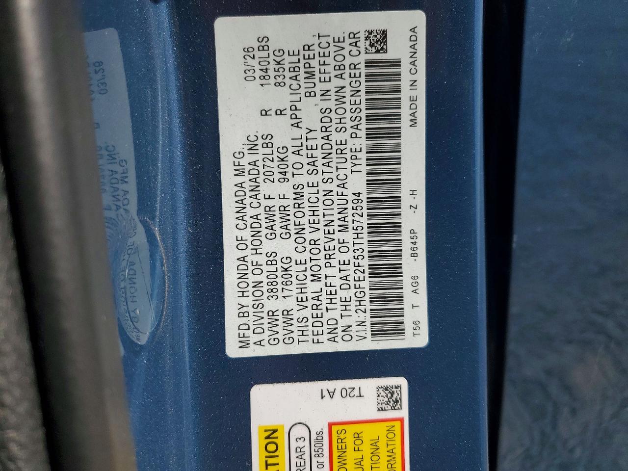 2HGFE2F53TH572594 · 2026 HONDA CIVIC · 12/12