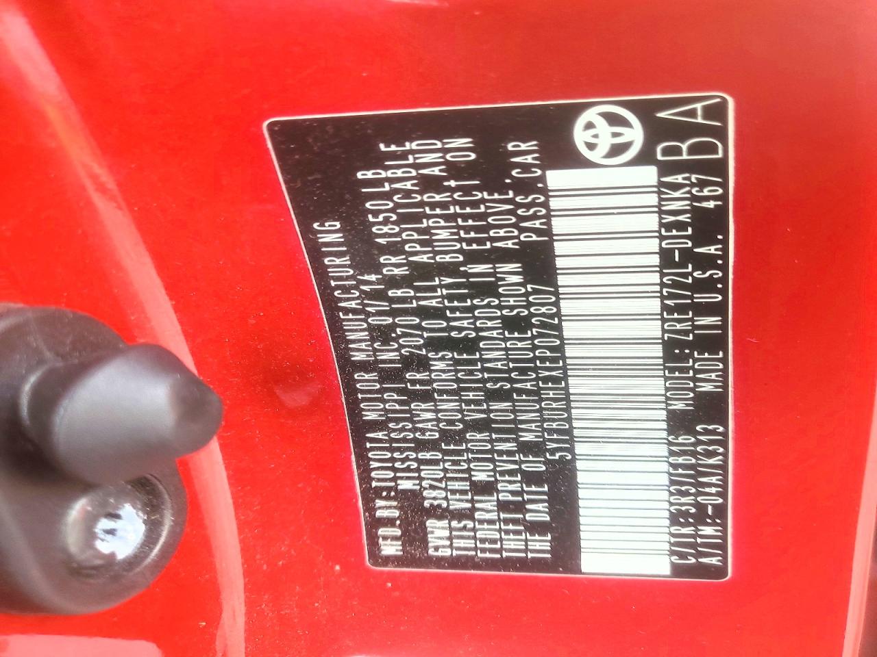 5YFBURHEXEP072807 · 2014 TOYOTA COROLLA · 12/12