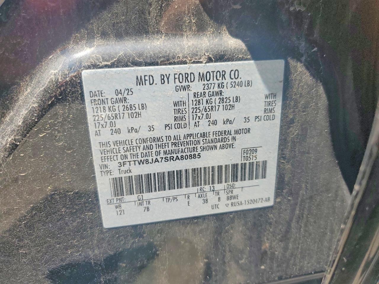 3FTTW8JA7SRA80885 · 2025 FORD MAVERICK · 12/12