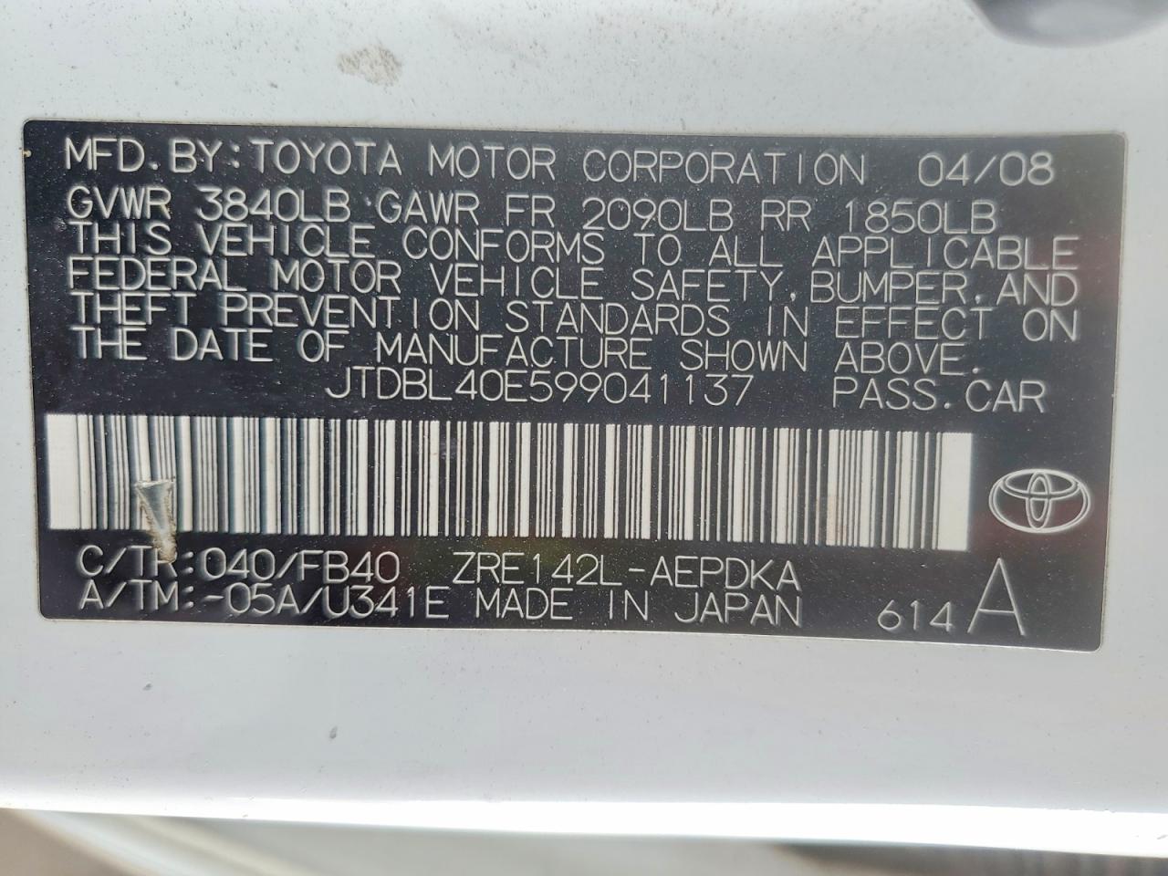 JTDBL40E599041137 · 2009 TOYOTA COROLLA · 12/12