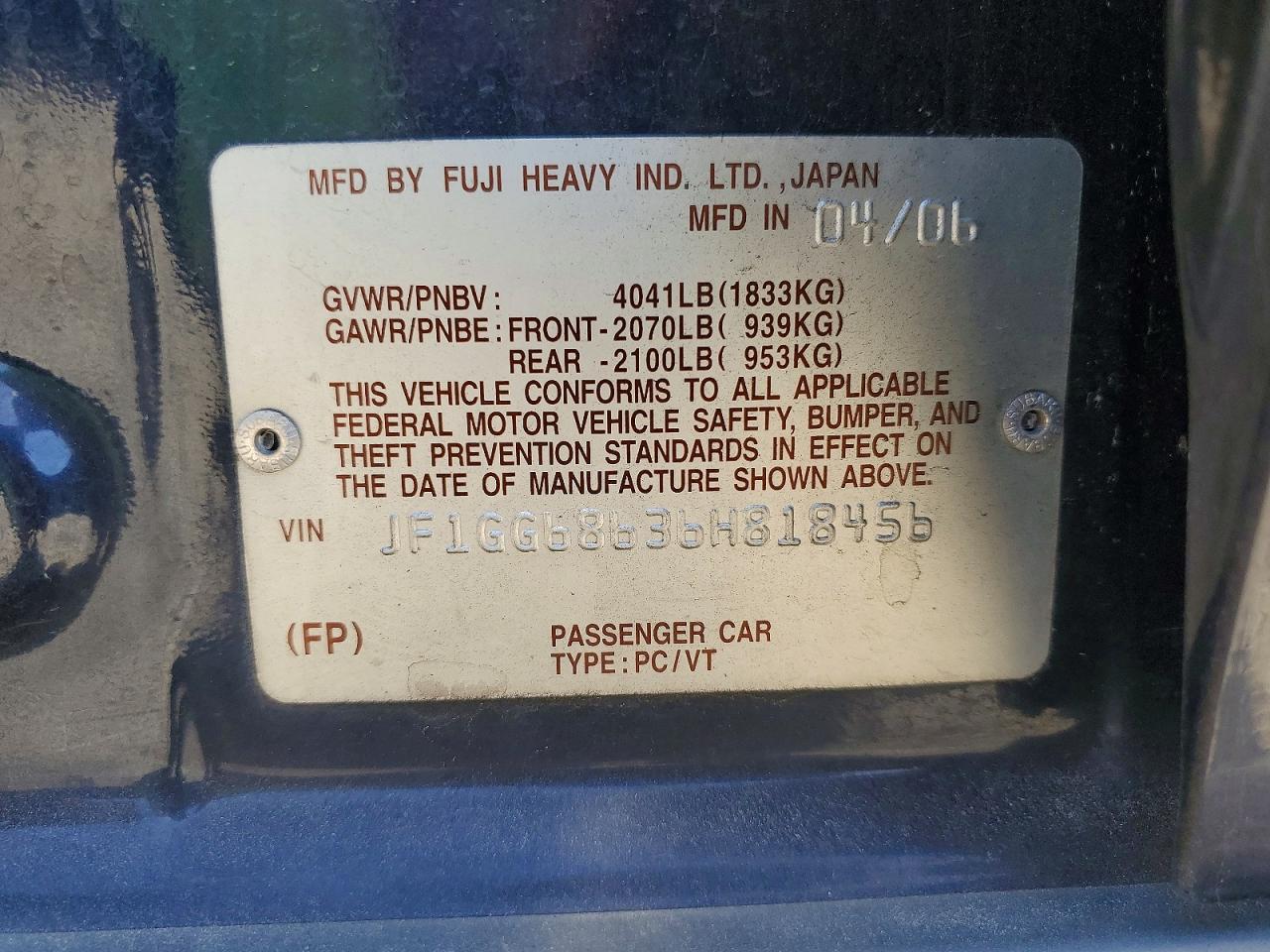 JF1GG68636H818456 · 2006 SUBARU IMPREZA · 12/12