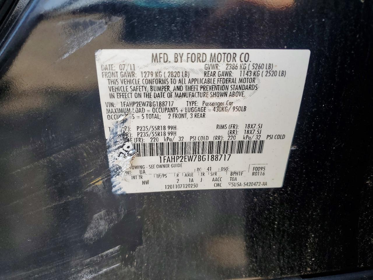 1FAHP2EW7BG188717 · 2011 FORD TAURUS · 12/12