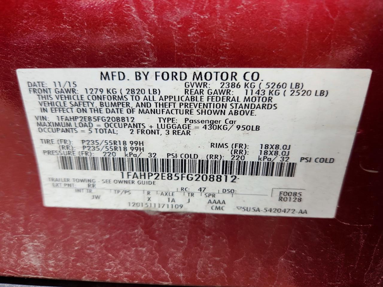 1FAHP2E85FG208812 · 2015 FORD TAURUS · 12/12
