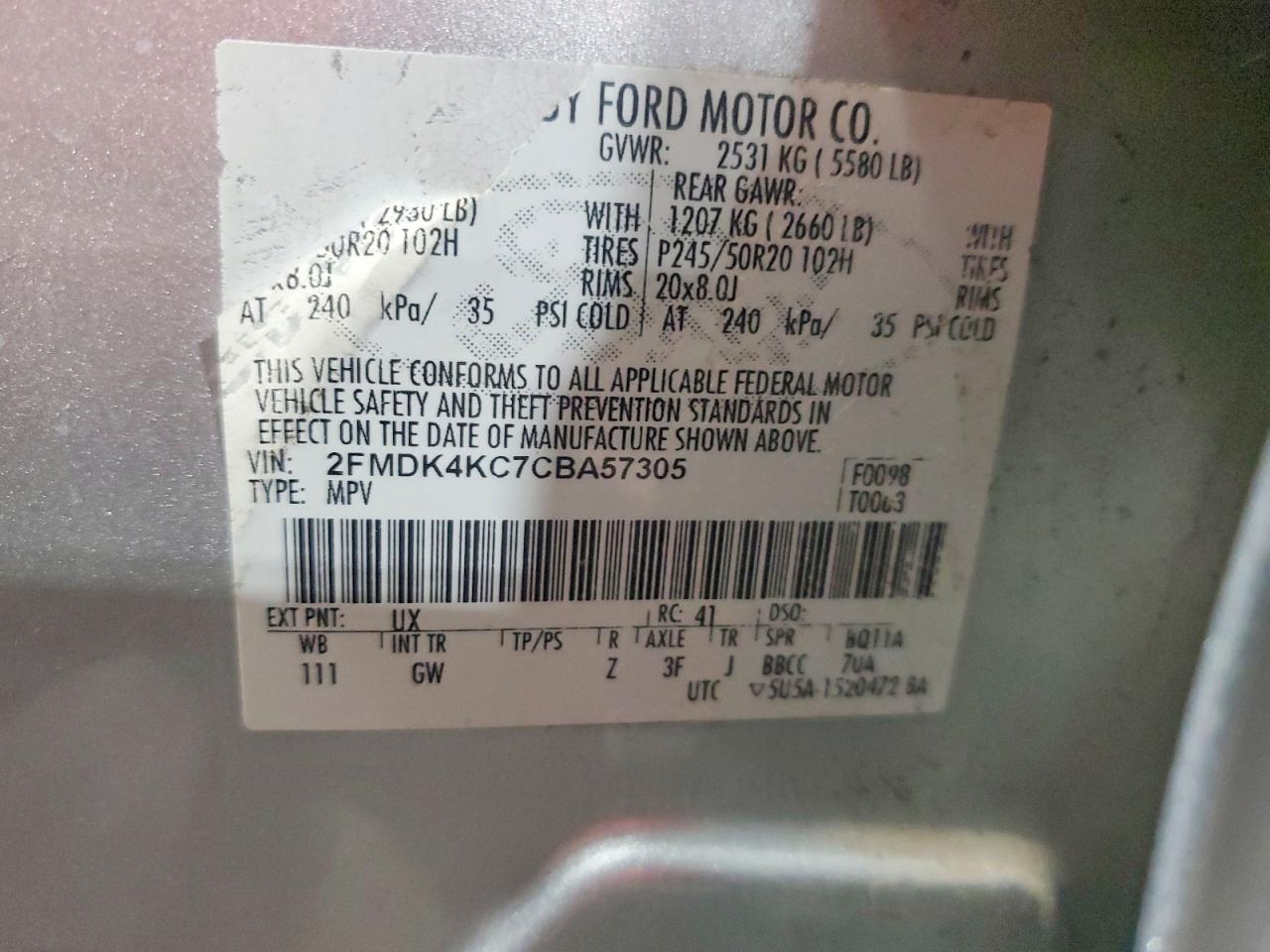 2FMDK4KC7CBA57305 · 2012 FORD EDGE · 12/12