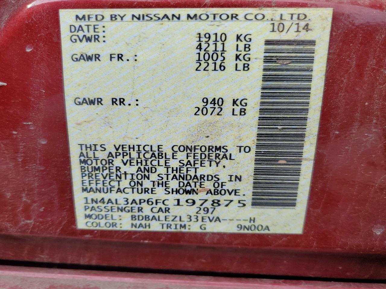 1N4AL3AP6FC197875 · 2015 NISSAN ALTIMA · 12/12