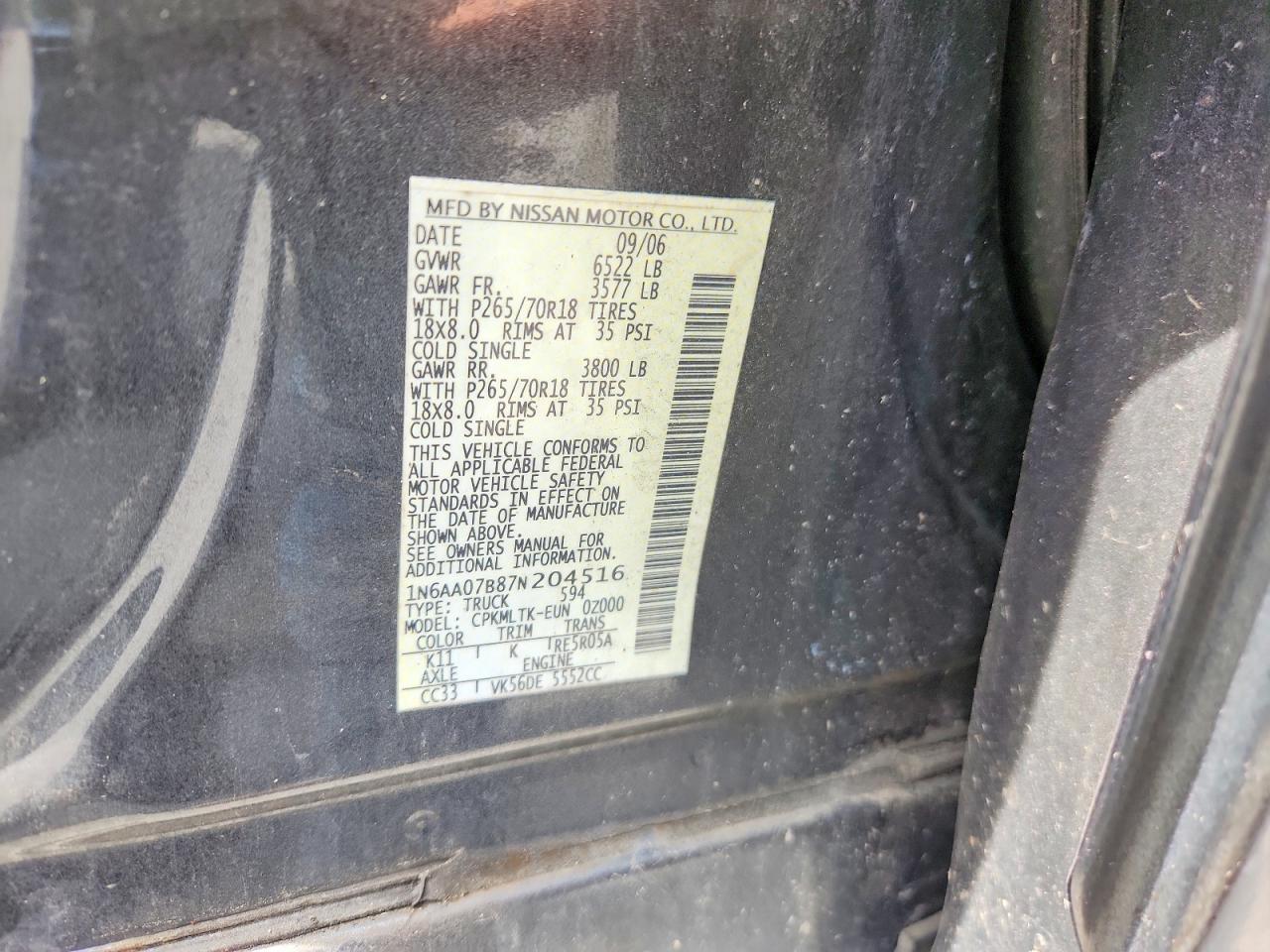 1N6AA07B87N204516 · 2007 NISSAN TITAN · 12/12