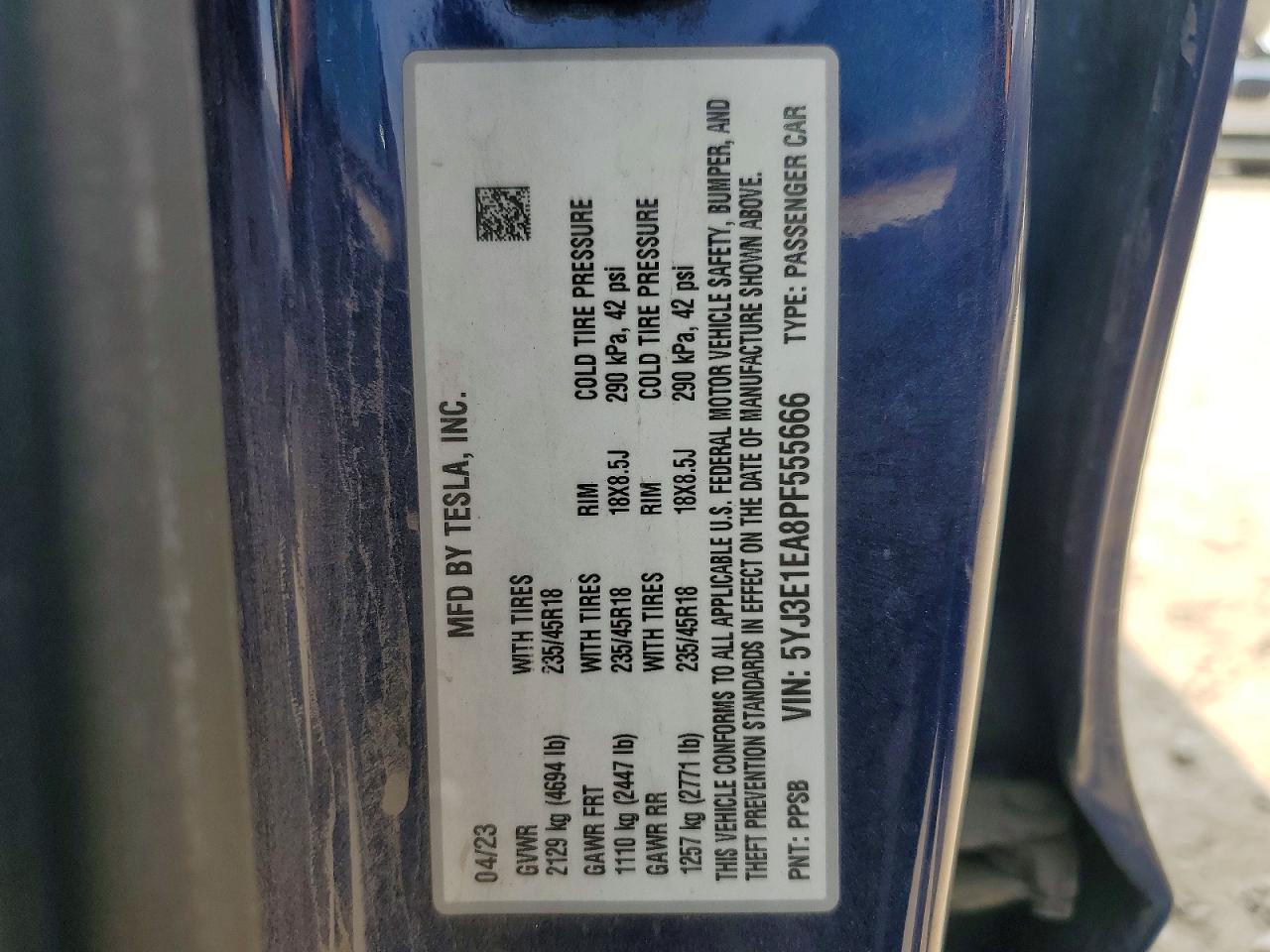 5YJ3E1EA8PF555666 · 2023 TESLA MODEL 3 · 12/12