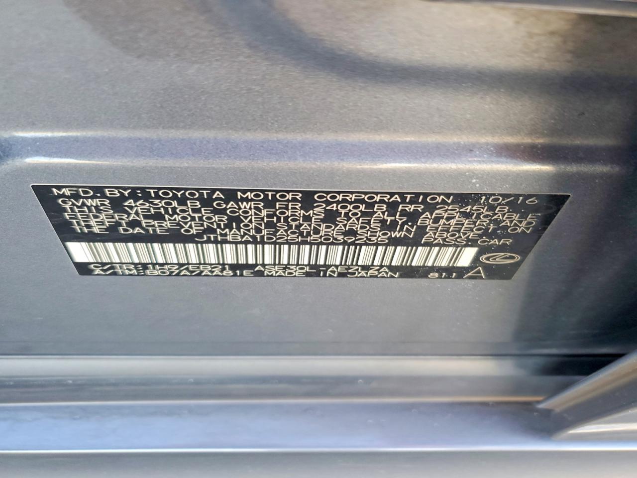 JTHBA1D25H5039235 · 2017 LEXUS IS · 12/12