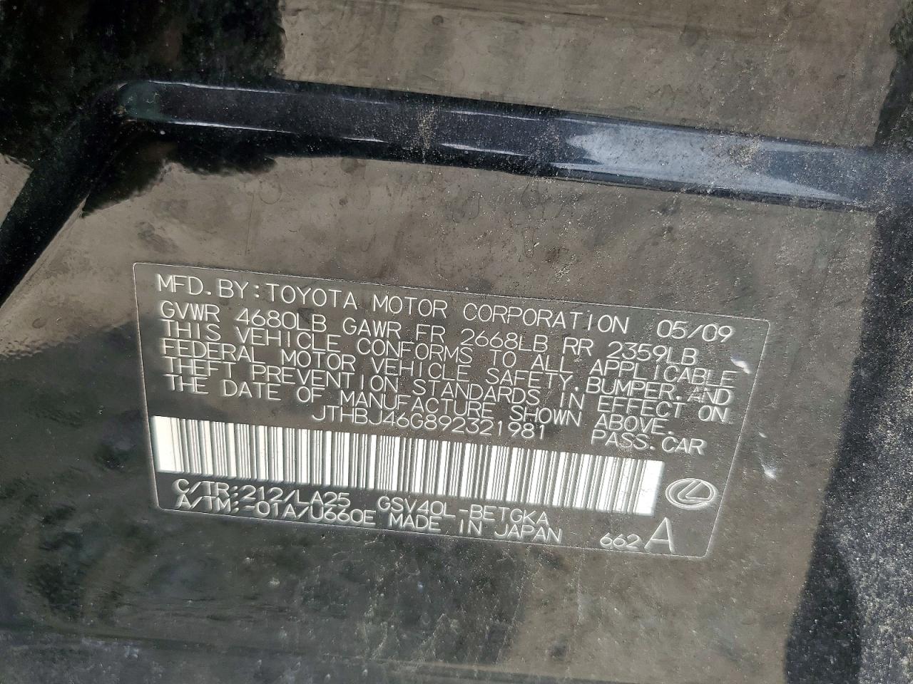 JTHBJ46G892321981 · 2009 LEXUS ES · 12/12