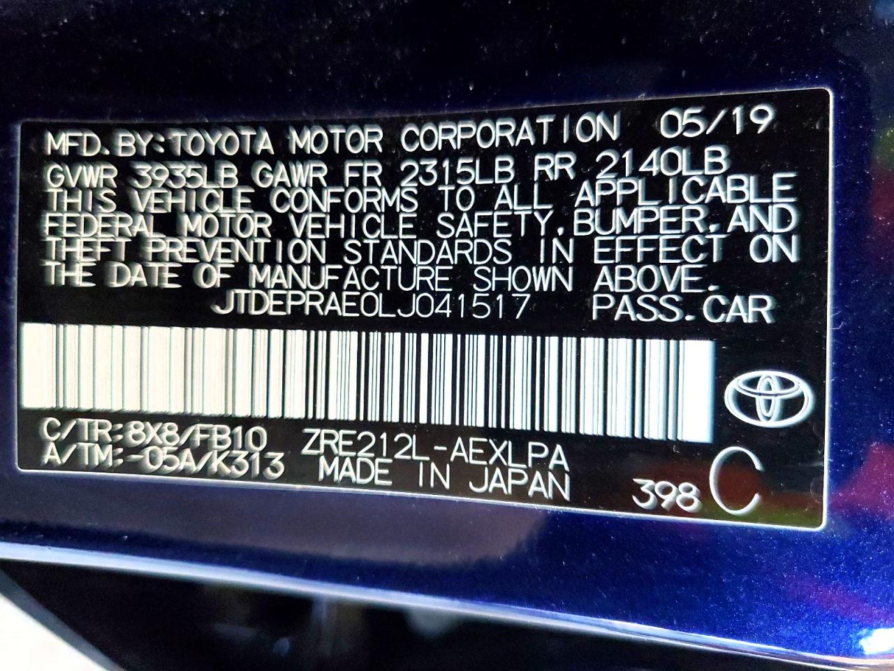 JTDEPRAE0LJ041517 · 2020 TOYOTA COROLLA · 12/12