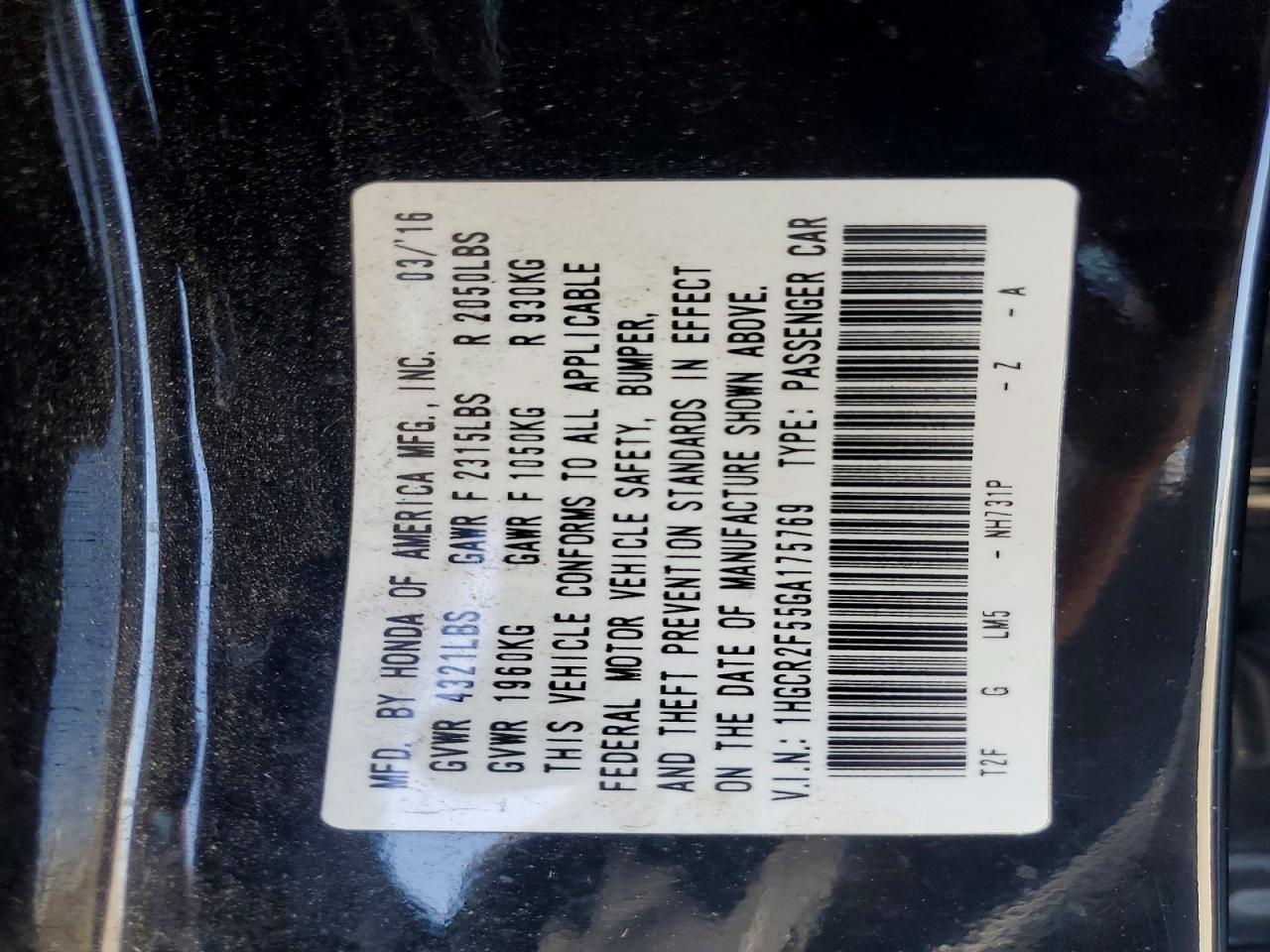 1HGCR2F55GA175769 · 2016 HONDA ACCORD · 12/12