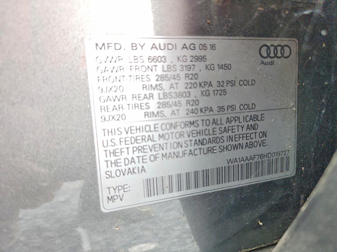 WA1AAAF76HD019727 · 2017 AUDI Q7 · 12/12