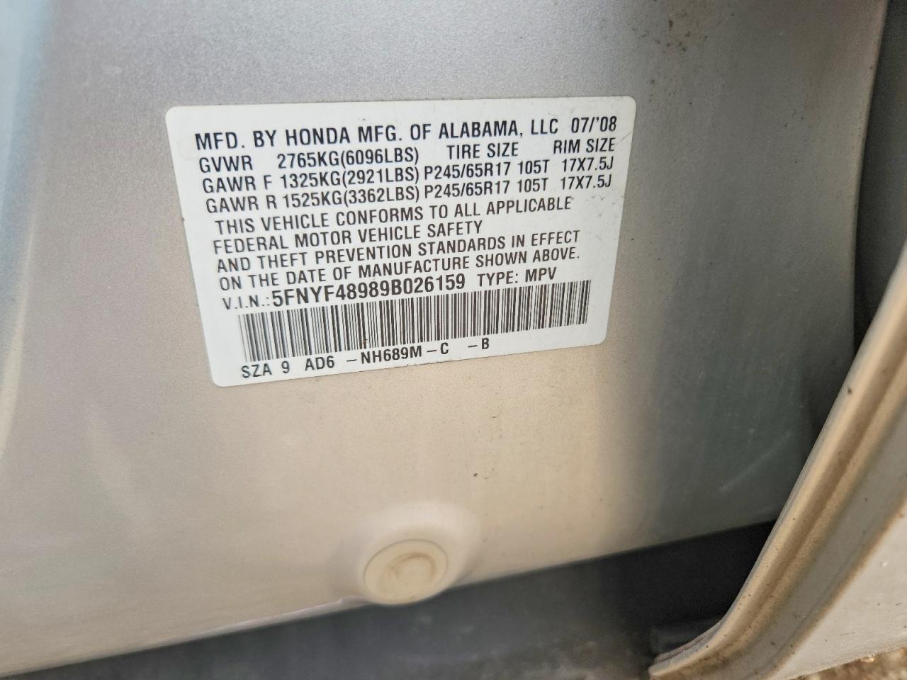 5FNYF48989B026159 · 2009 HONDA PILOT · 12/12