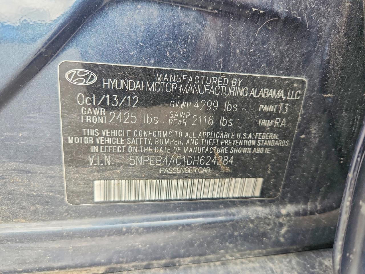 5NPEB4AC1DH624284 · 2013 HYUNDAI SONATA · 12/12
