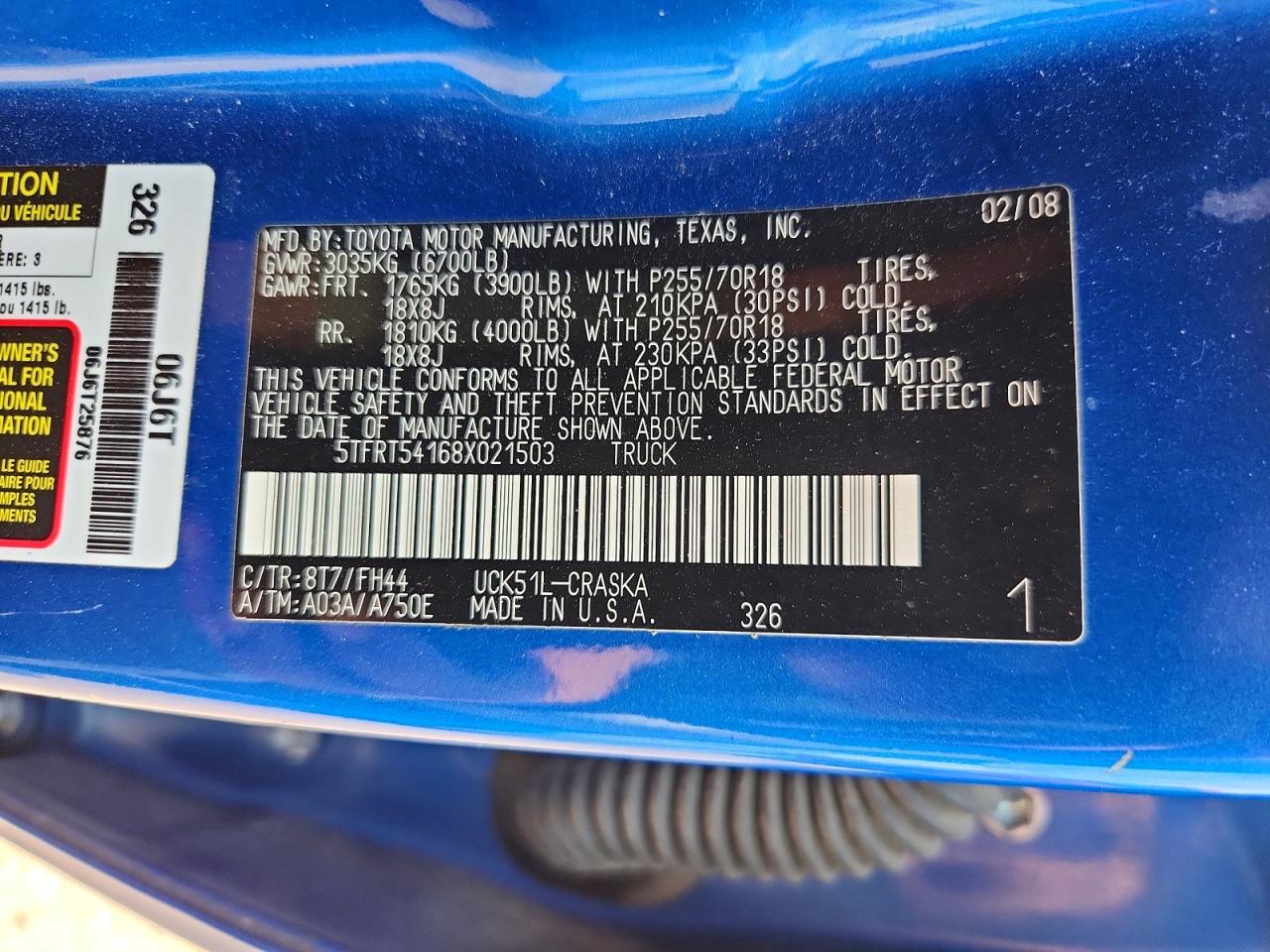 5TFRT54168X021503 · 2008 TOYOTA TUNDRA · 12/12