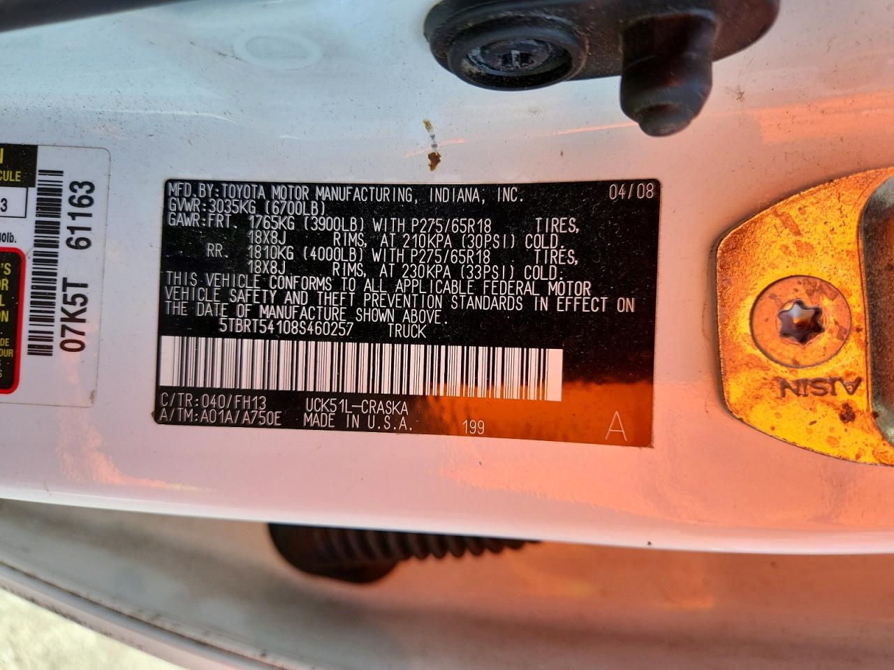 5TBRT54108S460257 · 2008 TOYOTA TUNDRA · 12/12