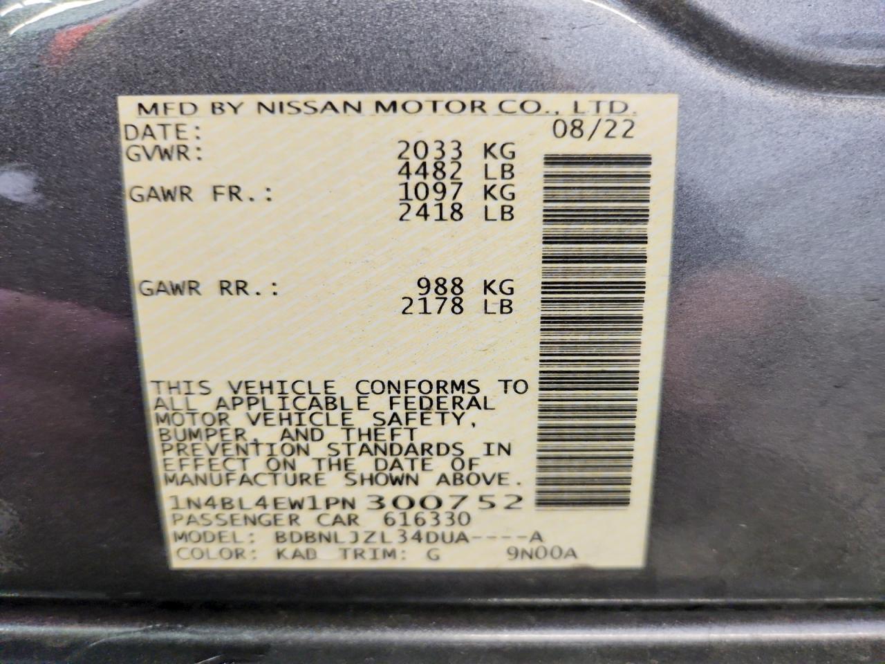 1N4BL4EW1PN300752 · 2023 NISSAN ALTIMA · 12/12