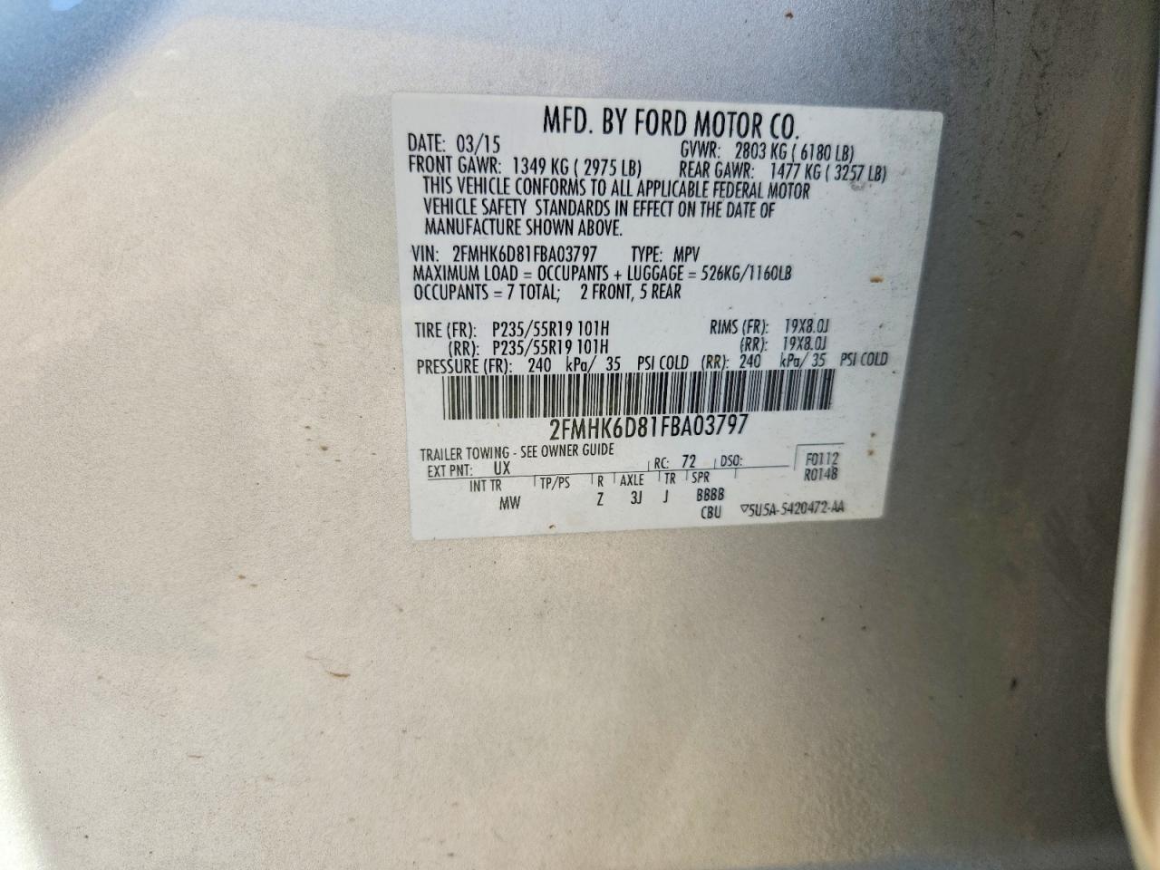 2FMHK6D81FBA03797 · 2015 FORD FLEX · 12/12