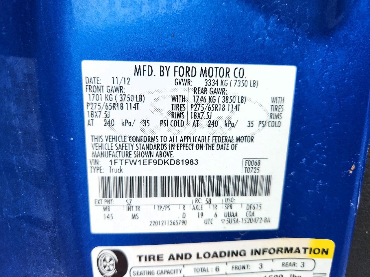 1FTFW1EF9DKD81983 · 2013 FORD F150 · 12/12