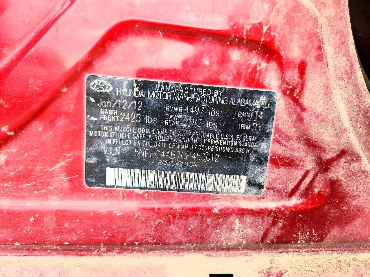 5NPEC4AB7CH453012 · 2012 HYUNDAI SONATA · 12/12