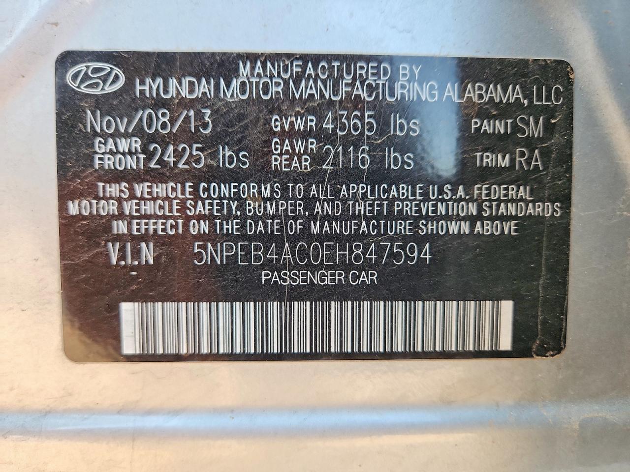 5NPEB4AC0EH847594 · 2014 HYUNDAI SONATA · 12/12