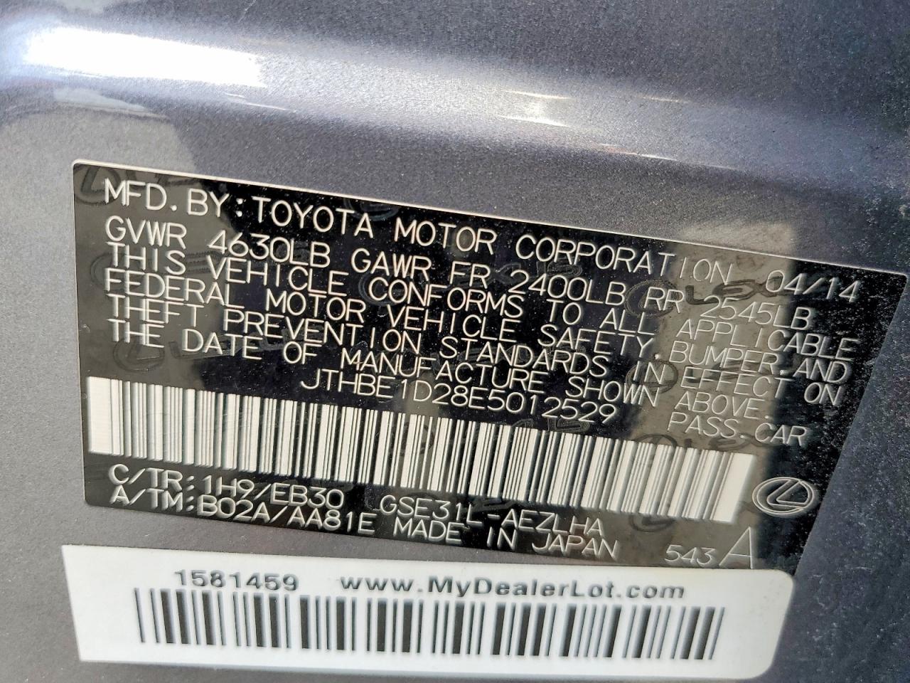 JTHBE1D28E5012529 · 2014 LEXUS IS · 12/12
