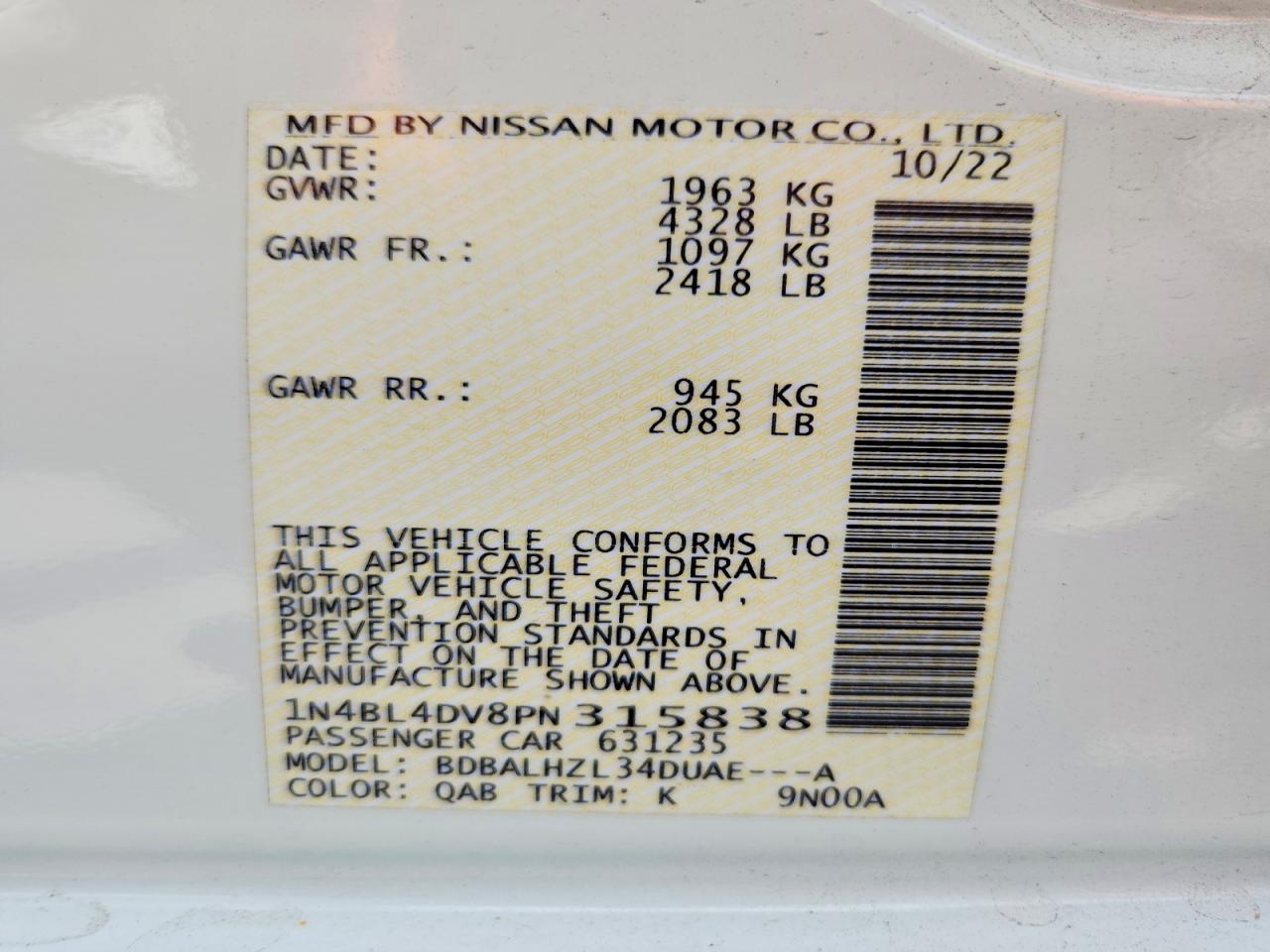 1N4BL4DV8PN315838 · 2023 NISSAN ALTIMA · 12/12