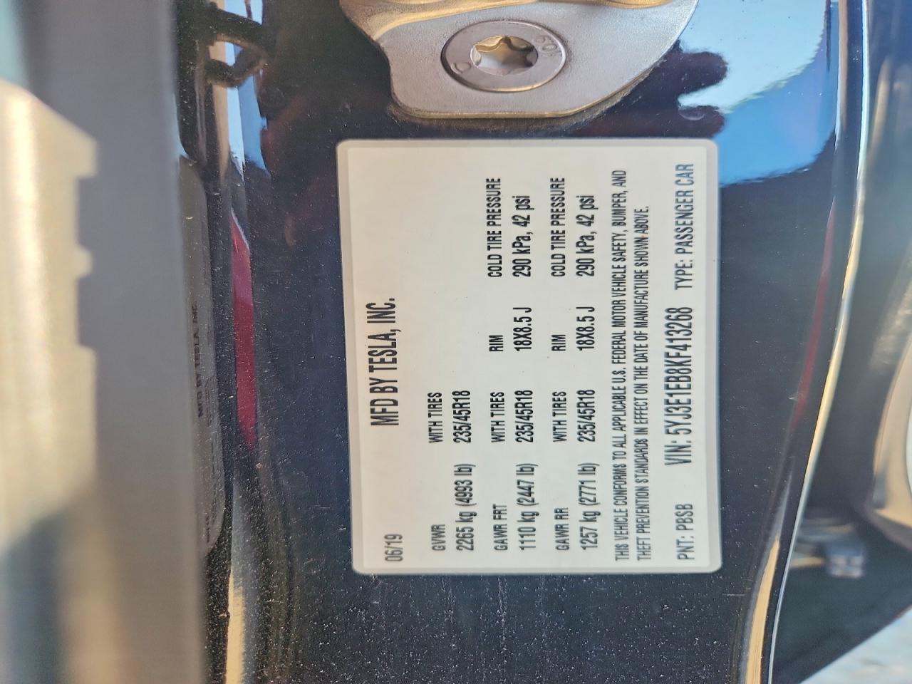 5YJ3E1EB8KF413268 · 2019 TESLA MODEL 3 · 12/12