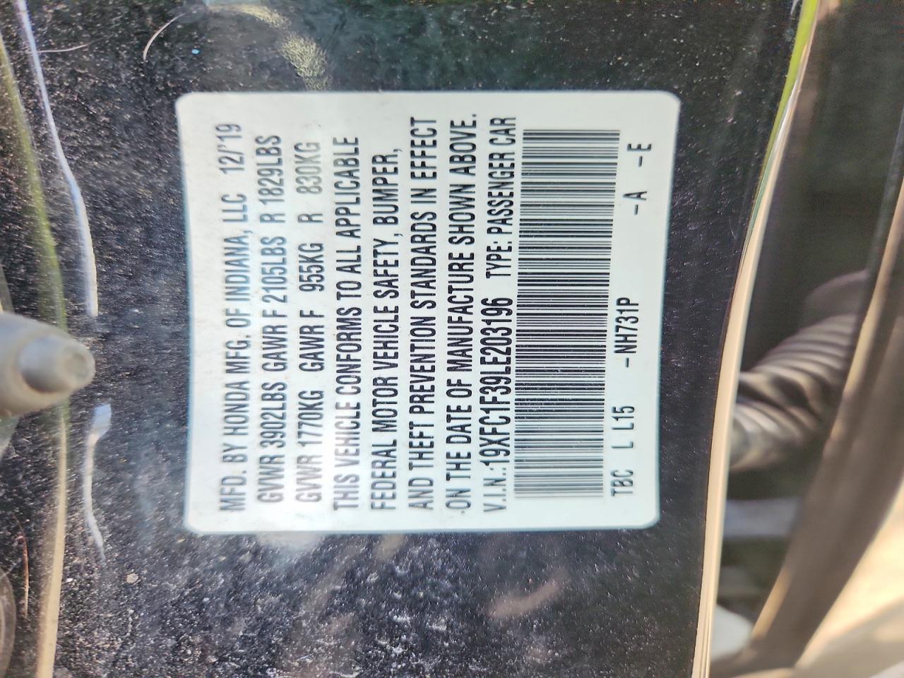 19XFC1F39LE203196 · 2020 HONDA CIVIC · 12/12