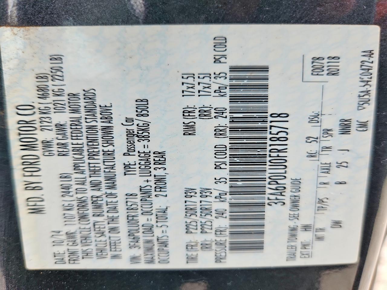 3FA6P0LU0FR185718 · 2015 FORD FUSION · 12/12
