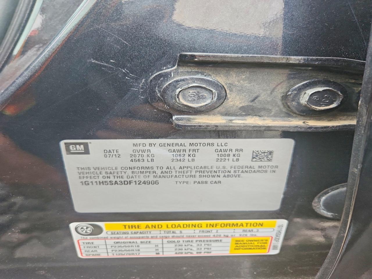 1G11H5SA3DF124906 · 2013 CHEVROLET MALIBU · 12/12