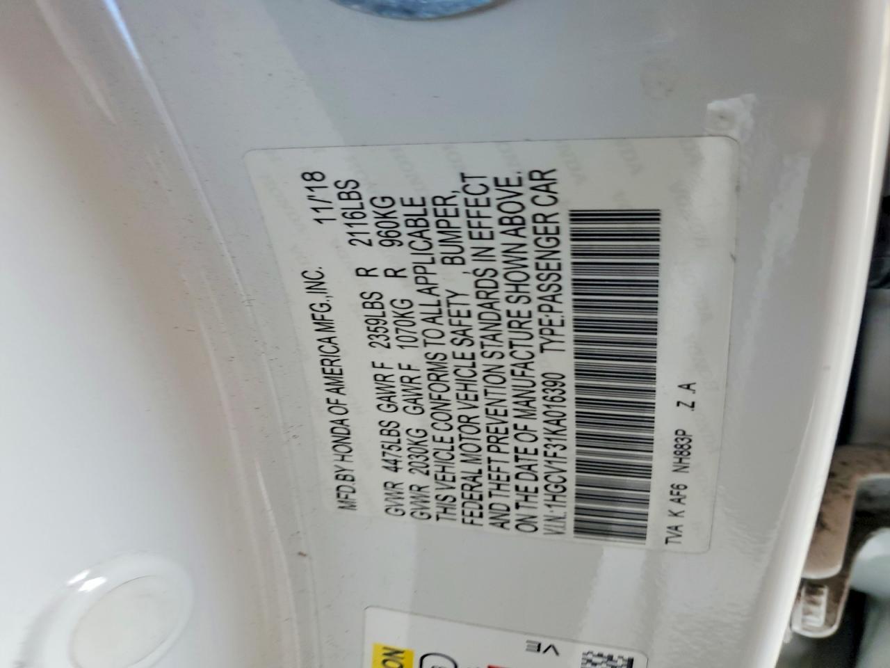 1HGCV1F31KA016390 · 2019 HONDA ACCORD · 12/12