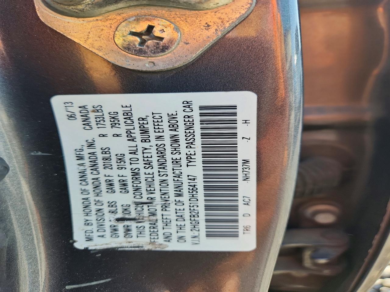 2HGFB2F51DH564147 · 2013 HONDA CIVIC · 12/12